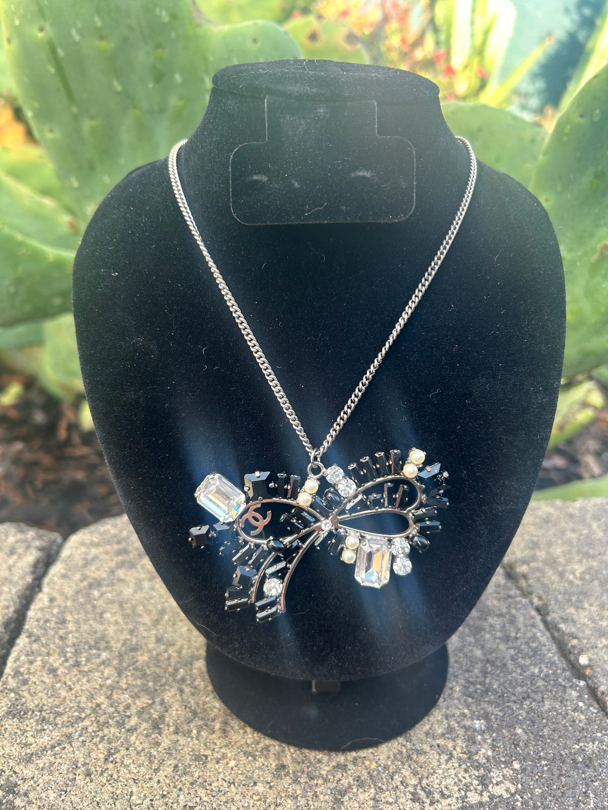 Chanel Rhinestones and Pearl Bow Necklace